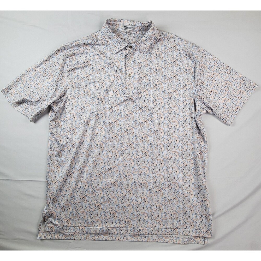 Peter Millar Summer Comfort Mens XL Polo Shirt Blue Orange Cocktail Drink Print